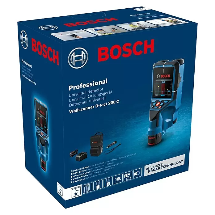 Bosch Professional Ortungsgerät D-tect 200 C - 1 Akku, Arbeitsbereich: 200 mm - Bosch Wallscanner D-tect 200 C, ein blauer/schwarzer Universaldetektor, in seiner blauen Verpackung mit Zubehör.