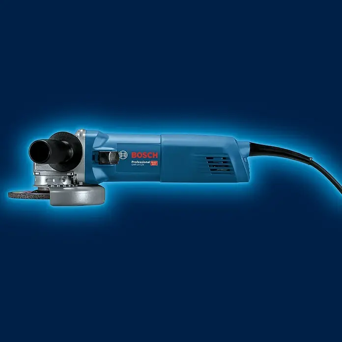 Bosch Professional Elektro-Winkelschleifer GWX 14-125 S - 1.400 W, Durchmesser Scheibe: 125 mm, Leerlaufdrehzahl: 2.800 U/min - 11.500 U/min - Abbildung einer blauen Bosch GWS 14-125 Professional-Winkelschleifmaschine mit Netzkabel.