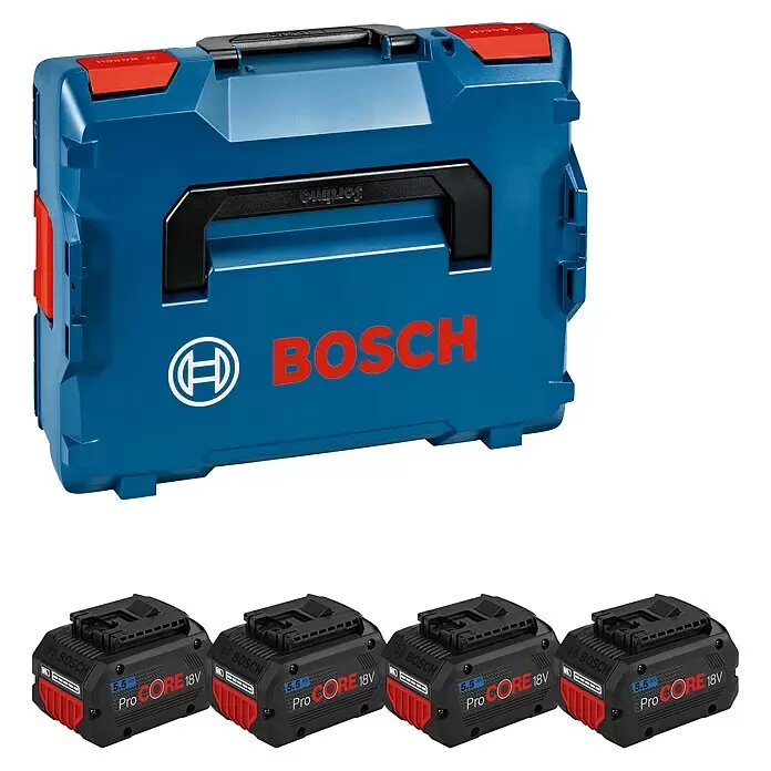 Bosch Professional AMPShare 18V Akku-Set - 18 V, 5,5 Ah, 4 Stk. - Blauer Bosch L-BOXX Werkzeugkoffer mit vier schwarzen Bosch ProCORE 18V 5.5Ah Lithium-Ionen-Akkus.