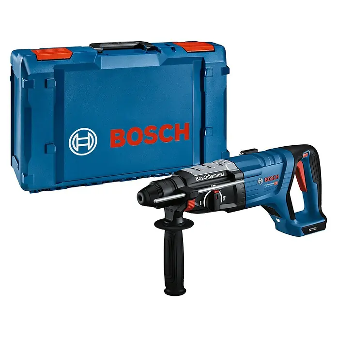 Bosch Professional AMPShare 18V Akku-Bohrhammer GBH 18V-28 D - 18 V, Ohne Akku - Akku-Bohrhammer Bosch Professional mit Zubehörbox in Blau und Schwarz für professionelle Anwendungen.
