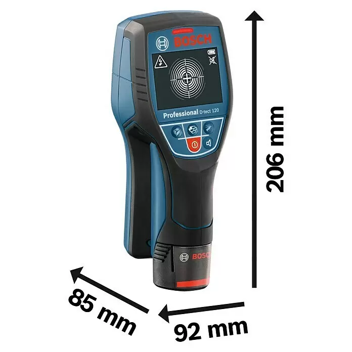 Bosch Professional Ortungsgerät D-tect 120 - 1 Akku, Erfassungstiefe: Max. 38 mm Holzunterkonstruktionen - Blau-schwarzer Bosch D-tect 120 Professional Ortungsgerät mit Display, Tasten und Maßen 206x85x92 mm.