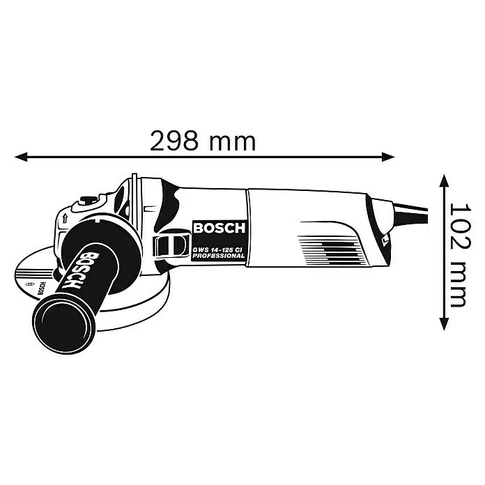 Bosch Professional Elektro-Winkelschleifer GWS 14-125 - 1.400 W, Durchmesser Scheibe: 125 mm, Leerlaufdrehzahl: 11.500 U/min - Bosch GWS 14-125 CI PROFESSIONAL Winkelschleifer, Strichzeichnung, 298 mm lang, 102 mm hoch.