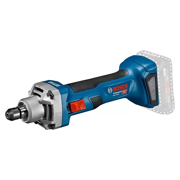 Bosch Professional AMPShare 18V Akku-Geradschleifer GGS 18V-20 - 18 V, Ohne Akku, Leerlaufdrehzahl: 24.000 U/min, Karton - Blauer und grauer Bosch GGS 18V-20 Akku-Geradschleifer mit rotem Einschaltknopf und grauer Spannzange.