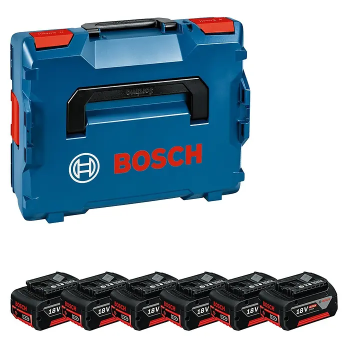 Bosch Professional AMPShare 18V Akku-Set - 18 V, 4 Ah, 6 Stk. - Bosch Werkzeugkoffer und mehrere Bosch 18V Akkus. Professionelles Equipment für Handwerker und Heimwerker.