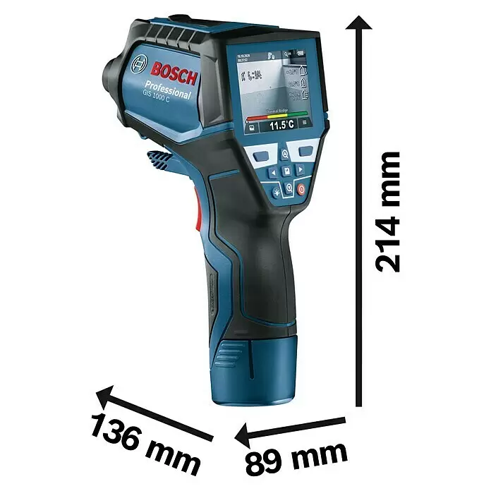 Bosch Professional Thermodetektor GIS 1000 C - 1 Akku, Messbereich Temperatur: -40 °C - 1.000 °C - Blau-schwarze Bosch GIS 1000 C Wärmebildkamera zeigt 11,5°C an, Maße: 214mm (H), 136mm (L), 89mm (B).