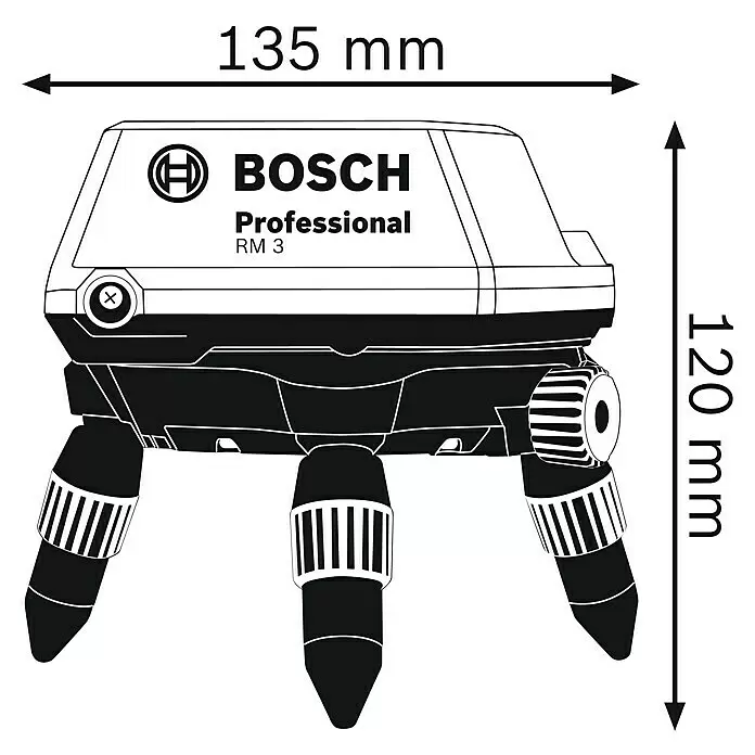 Bosch Professional Universalhalterung - Blau/Scharz/Rot, Passend für: GCL 2-50 C, GCL 2-50 CG - Schwarz-weiße Strichzeichnung einer Bosch Professional RM 3 Rotationslaser-Halterung mit den Maßen 135 mm x 120 mm.