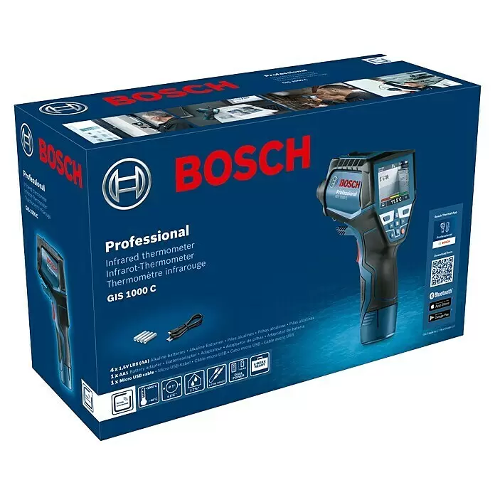 Bosch Professional Termodetector GIS 1000 C - 1 batería, Rango de medición de temperatura: -40 °C - 1.000 °C - Termómetro infrarrojo Bosch Professional GIS 1000 C, negro y azul, en su embalaje azul. La pantalla muestra 11,5°C.