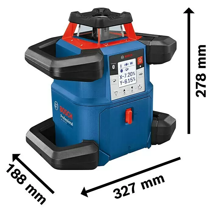 Bosch Professional Rotationslaser GRL 600 CHV - 19 -tlg. - Blauer und roter Bosch Professional Rotationslaser mit Digitalanzeige für X- und Y-Gefälle und Schutzgriffen.