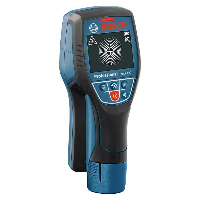 Bosch Professional Ortungsgerät D-tect 120 - 1 Akku, Erfassungstiefe: Max. 38 mm Holzunterkonstruktionen - Ein blauer und schwarzer Bosch D-tect 120 Profi-Digitaldetektor mit Bildschirm für Zielanzeige und Modustasten.