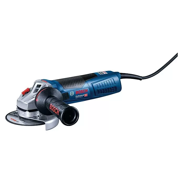 Bosch Professional Elektro-Winkelschleifer GWS 17-125 - 1.700 W, Durchmesser Scheibe: 125 mm, Leerlaufdrehzahl: 11.500 U/min - Ein blauer und schwarzer Bosch Winkelschleifer mit silbernem Schutz, Zusatzhandgriff und Netzkabel für schwere Aufgaben.