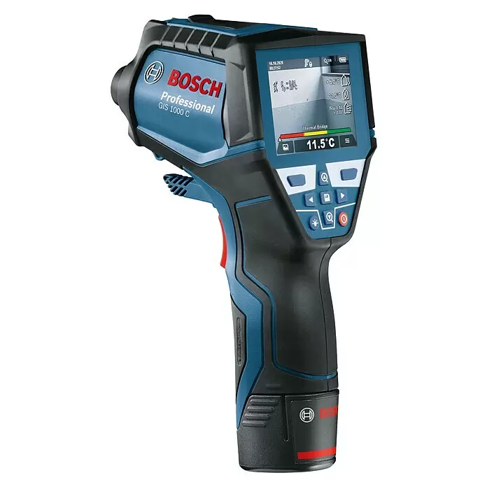 Bosch Professional Thermodetektor GIS 1000 C - Ohne Akku, Messbereich Temperatur: -40 °C - 1.000 °C - Bosch Professional GIS 1000 C Wärmebildkamera in Blau und Schwarz mit roten Akzenten, zeigt Temperaturwerte auf dem Bildschirm.