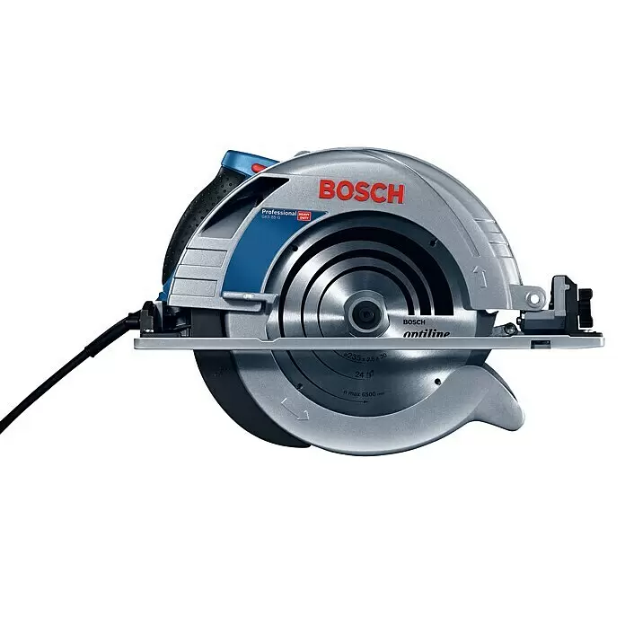 Bosch Professional Handkreissäge GKS 85 G - 2.200 W, Durchmesser Sägeblatt: 235 mm - Bosch Professional GKS 85 G Handkreissäge in Silbergrau mit blauen/schwarzen Griffakzenten und sichtbarem Optiline Sägeblatt.