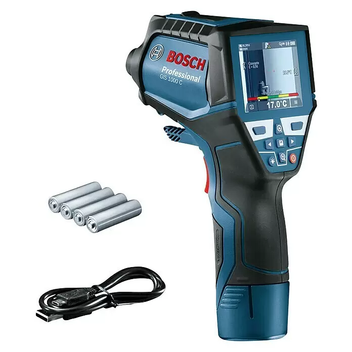 Bosch Professional Thermodetektor GIS 1000 C - Ohne Akku, Messbereich Temperatur: -40 °C - 1.000 °C - Blau-schwarze Bosch Professional GIS 1000 C Wärmebildkamera, mit vier AA-Batterien und einem schwarzen USB-Kabel.