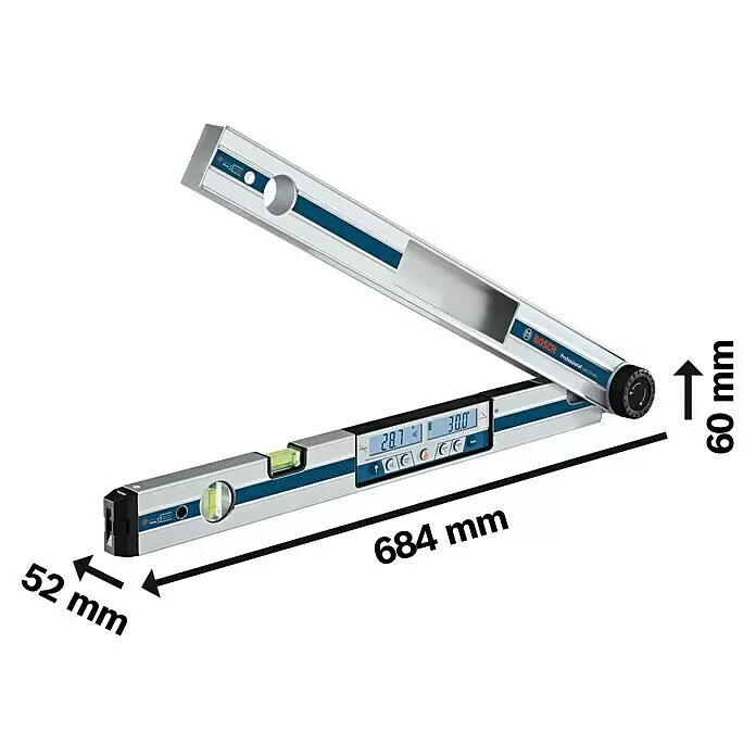 Bosch Professional Digitaler Winkelmesser GAM 270 MFL - Winkel: 0 ° - 270 °, Blattlänge: 60 cm - Silber-blaues Bosch Digital-Wasserwaage mit geöffneten Gelenkarmen, zeigt digitale Messwerte und Abmessungen (684x52x60 mm).