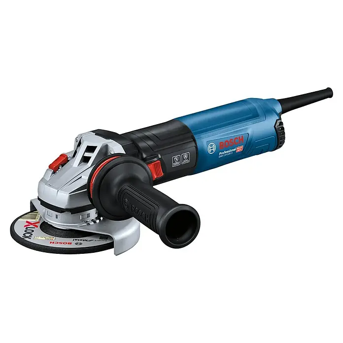Bosch Professional Elektro-Winkelschleifer GWS 14-125 S - 1.400 W, Durchmesser Scheibe: 125 mm, Leerlaufdrehzahl: 2.800 U/min - 11.500 U/min - Eine blaue Bosch GWS 14-125 S Professional Heavy Duty-Winkelschleifmaschine mit X-LOCK-System zum schnellen Zubehörwechsel.