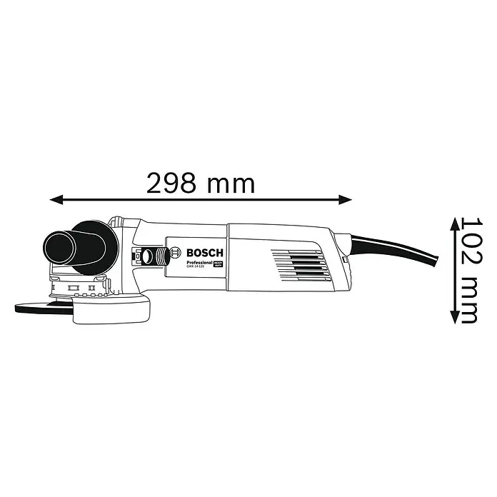 Bosch Professional Elektro-Winkelschleifer GWX 14-125 S - 1.400 W, Durchmesser Scheibe: 125 mm, Leerlaufdrehzahl: 2.800 U/min - 11.500 U/min - Abbildung eines Bosch GWX 14-125 Winkelschleifers mit Maßangaben, der sich ideal zum Schleifen und Trennen eignet.
