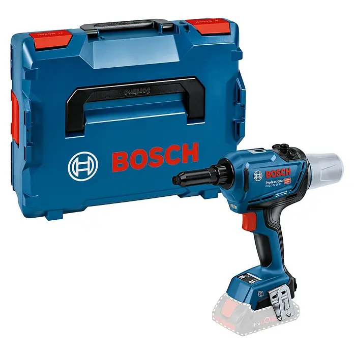 Bosch Professional AMPShare 18V Akku-Blindnietpistole GRG 18V-16 C - Ohne Akku, Durchmesser: 3 mm - 6,4 mm, 2 -tlg. - Akku-Nietpistole GRG 18V-16 C Professional von Bosch mit blauem Tragekoffer, ideal für den professionellen Einsatz.