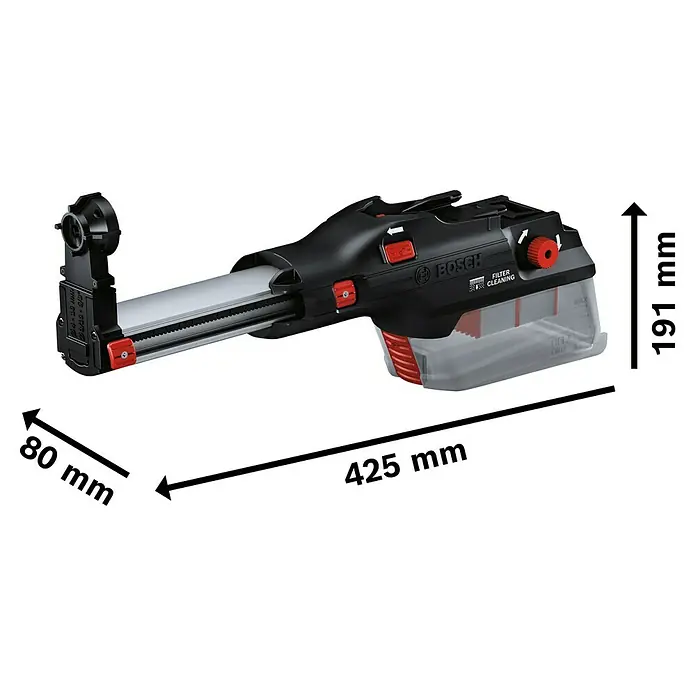 Bosch Professional Staubabsaugung GDE 28 D - Passend für: Bosch Professional Akku-Bohrhammer GBH 18V-28 DC - Produktabbildung mit Größenangaben. Staubsaugerzubehör mit Abmessungen: 425mm Länge, 80mm Breite und 191mm Höhe.