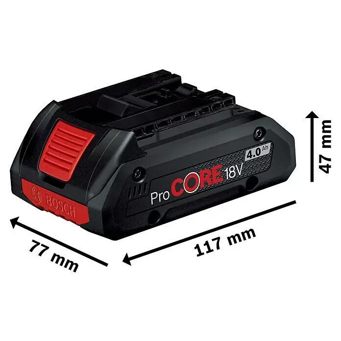 Bosch Professional AMPShare 18V Akku-Set - 18 V, 5,5 Ah, 4 Stk. - Schwarzer Bosch ProCORE 18V 4.0 Ah Akku mit roten Akzenten, Maße: 117x77x47 mm.