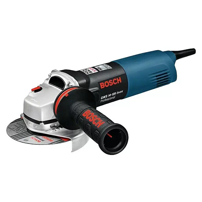 Bosch Professional Elektro-Winkelschleifer GWS 14-125 - 1.400 W, Durchmesser Scheibe: 125 mm, Leerlaufdrehzahl: 11.500 U/min - Ein blau-silberner Bosch GWS 14-125 Inox Professional Winkelschleifer mit schwarzem Zusatzhandgriff und Schleifscheibe.