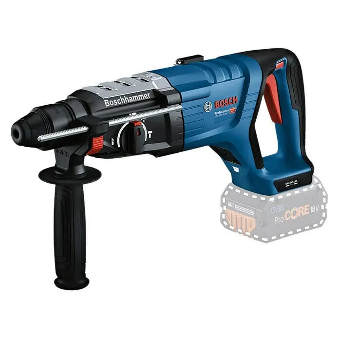 Bosch Professional AMPShare 18V Akku-Kombihammer GBH 18V-28 DC - 18 V, Ohne Akku, 3,4 J, Inkl. Koffer - Abbildung eines Boschhammer Bohrhammers mit blauem Gehäuse, schwarzem Griff und rotem Akzent.