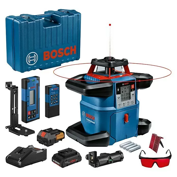 Bosch Professional Rotationslaser GRL 600 CHV - 19 -tlg. - Bosch blaues und rotes Rotationslaser-Set mit Koffer, Empfänger, Fernbedienung, Akkus, Ladegerät und Zubehör für präzises Nivellieren.
