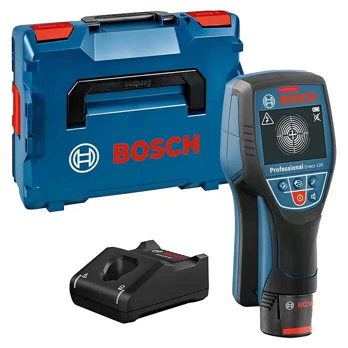 Bosch Professional Ortungsgerät D-tect 120 - 1 Akku, Erfassungstiefe: Max. 38 mm Holzunterkonstruktionen - Blauer und schwarzer Bosch D-tect 120 Professional Wandscanner, blaue L-BOXX und schwarzes Ladegerät zur Objekterkennung in Wänden.