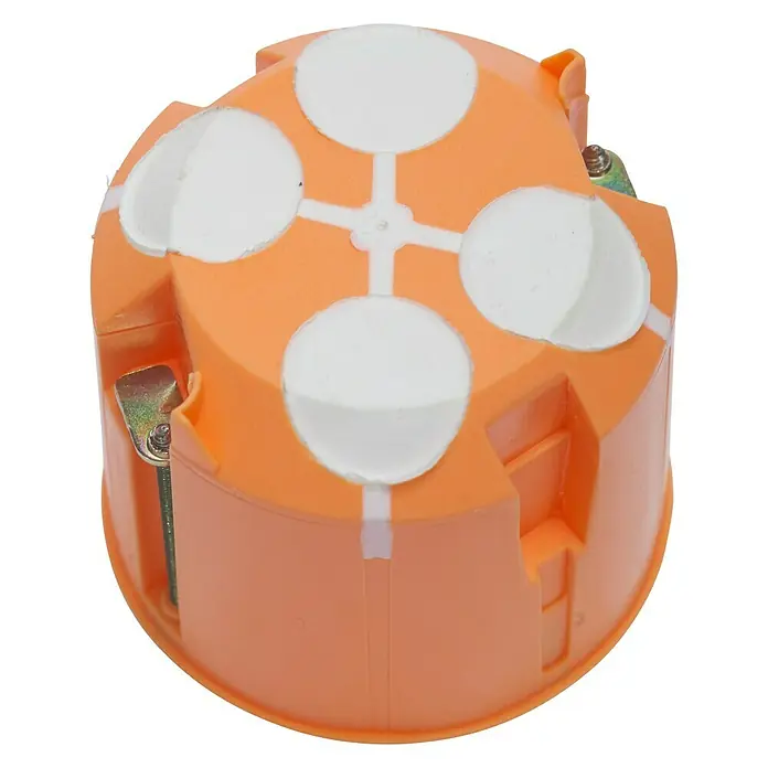 UniTEC Hohlwanddose - 68 x 47 mm, 1-fach, Orange, 15 Stk. - Orangefarbene runde Elektrodose mit weißen Abdeckungen und Metallbefestigung für eine sichere Installation.