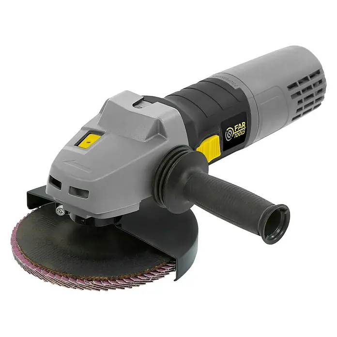 Fartools Multischleifer Multi-Rex 900 - 900 W, Durchmesser Scheibe: 125 mm, 1.300 U/min - 4.000 U/min - Nahaufnahme eines grauen Winkelschleifers mit Schleifscheibe, der für professionelle Schleifarbeiten konzipiert ist.