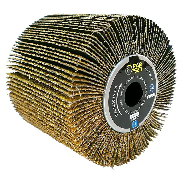 Fartools Bürstenwalze Lamellenschleifwalze - Passend für: Fartools Multischleifer REX 120C - Detailaufnahme einer Lamellenschleifscheibe von FAR TOOLS mit gut erkennbarer Körnung und Bauweise für Schleifarbeiten.
