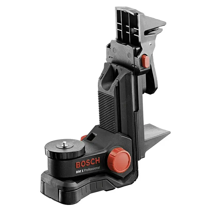 Bosch Professional Universalhalterung BM 1 - Passend für: Bosch Linien- und Kombilaser mit 1/4"-Stativgewinde - Bild eines Bosch BM 1 Professional Universalhalters mit rotem Knopf und Stativgewinde vor schwarzem Hintergrund.