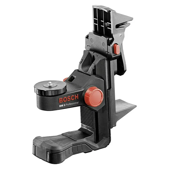 Bosch Professional Universalhalterung BM 1 - Passend für: Bosch Linien- und Kombilaser mit 1/4"-Stativgewinde - Bild eines schwarzen Bosch BM 1 Professional Universalhalters mit roten Akzenten, ideal für Bauarbeiten.