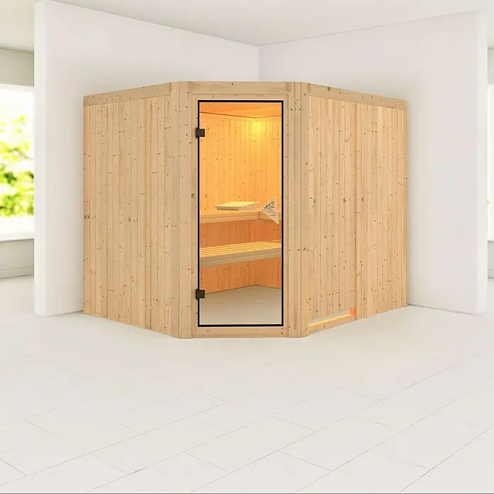 Karibu Elementsauna Malin - Ohne Ofen, Ohne Dachkranz, L x B x H: 231 x 196 x 192 cm - Dieses Bild zeigt eine Ecksauna mit Glastür und Holzverkleidung in einem hellen Raum. Die Sauna bietet Entspannung und gesundheitliche Vorteile.