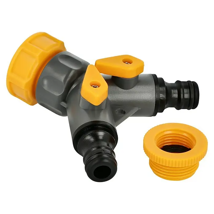 Neptun 2-Wege-Ventil - Gewindegröße Wasserhahn: 33,3 mm (1″), 26,5 mm (¾″), 21 mm (½″) - Gartenschlauchverbinder mit zwei gelben Ventilen und einem gelben Adapter. Praktisches Bewässerungszubehör für den Garten.