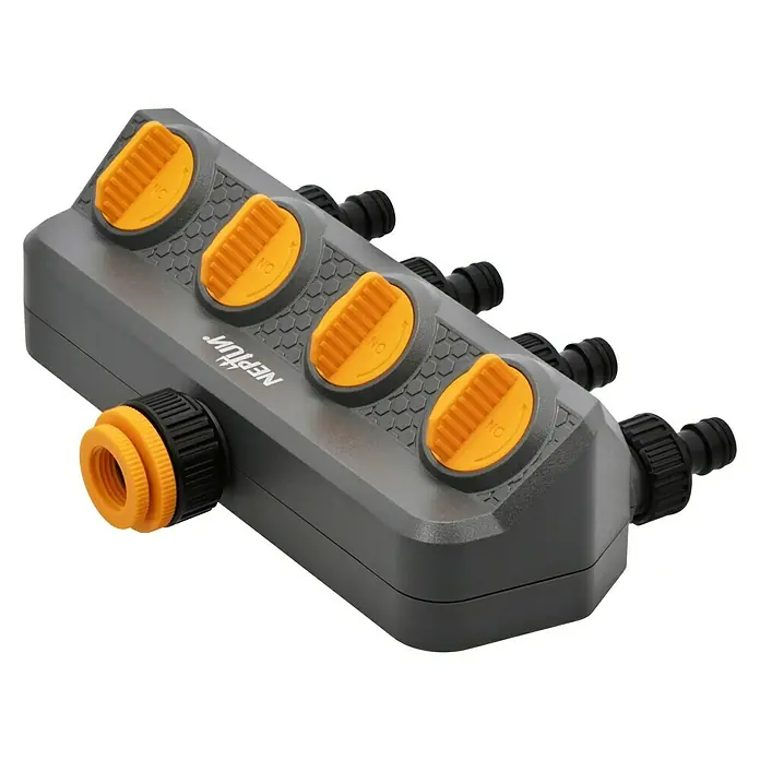 Neptun 4-Wege-Verteiler - Gewindegröße Wasserhahn: 33,3 mm (1″), 26,5 mm (¾″), 21 mm (½″) - Eine graue Gartenarmatur mit vier Ausgängen und orangefarbenen Drehknöpfen zur Steuerung der Wasserzufuhr.