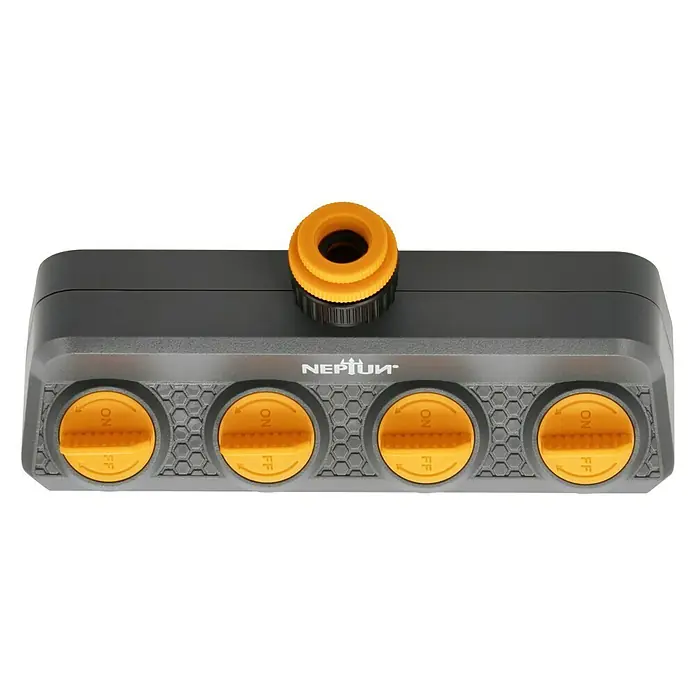 Neptun 4-Wege-Verteiler - Gewindegröße Wasserhahn: 33,3 mm (1″), 26,5 mm (¾″), 21 mm (½″) - Ein grauer Neptun-Wasserverteiler mit vier gelben Reglern zum Anschluss von Gartenschläuchen für eine präzise Bewässerung.