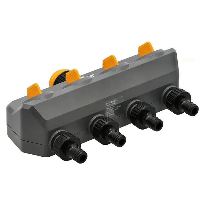 Neptun 4-Wege-Verteiler - Gewindegröße Wasserhahn: 33,3 mm (1″), 26,5 mm (¾″), 21 mm (½″) - Gartenbewässerungsverteiler mit vier Anschlüssen und gelben Drehknöpfen zur individuellen Steuerung der Wassermenge.