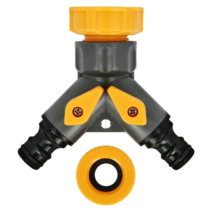 Neptun 2-Wege-Ventil - Gewindegröße Wasserhahn: 33,3 mm (1″), 26,5 mm (¾″), 21 mm (½″) - Gartenschlauch-Y-Verteiler mit gelben und grauen Elementen für den Anschluss mehrerer Schläuche. Praktisch für die Gartenbewässerung.