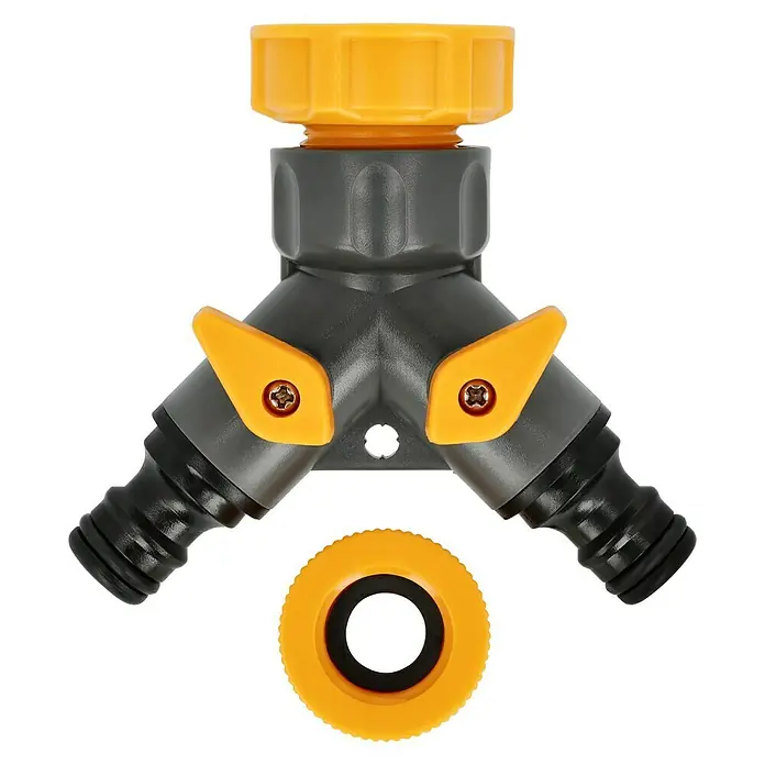 Neptun 2-Wege-Ventil - Gewindegröße Wasserhahn: 33,3 mm (1″), 26,5 mm (¾″), 21 mm (½″) - Ein gelb-grauer 3-Wege-Gartenschlauchverteiler mit Adaptern für den Außenbereich. Ermöglicht die Aufteilung des Wasserdurchflusses für verschiedene Bewässerungsaufgaben.