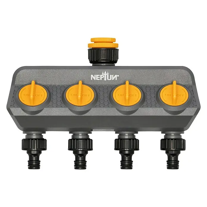 Neptun 4-Wege-Verteiler - Gewindegröße Wasserhahn: 33,3 mm (1″), 26,5 mm (¾″), 21 mm (½″) - Vierfach-Verteiler von Neptun mit gelben Drehknöpfen und schwarzer Fassung für den Garten, um mehrere Schläuche anzuschließen.