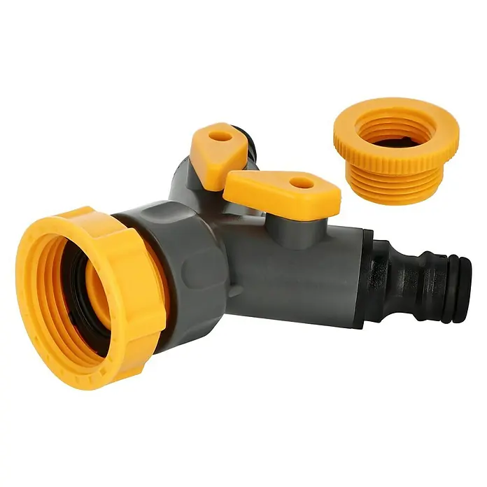 Neptun 2-Wege-Ventil - Gewindegröße Wasserhahn: 33,3 mm (1″), 26,5 mm (¾″), 21 mm (½″) - Ein Wasserhahn mit zwei gelben Hebeln und ein gelbes Gewindestück. Ideal für den Garten und die Bewässerung.