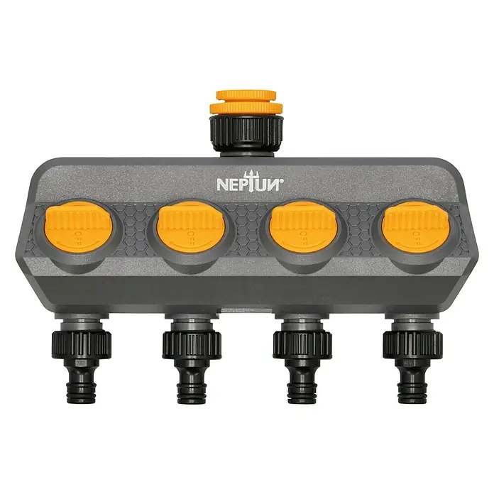 Neptun 4-Wege-Verteiler - Gewindegröße Wasserhahn: 33,3 mm (1″), 26,5 mm (¾″), 21 mm (½″) - Ein grauer Neptun-Wasserverteiler mit vier Ausgängen und orangefarbenen Ventilen für die Gartenbewässerung.