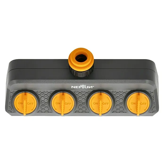 Neptun 4-Wege-Verteiler - Gewindegröße Wasserhahn: 33,3 mm (1″), 26,5 mm (¾″), 21 mm (½″) - Ein grauer Neptun-Gartenschlauchverteiler mit vier gelben Ventilen zum Regeln der Wasserzufuhr.