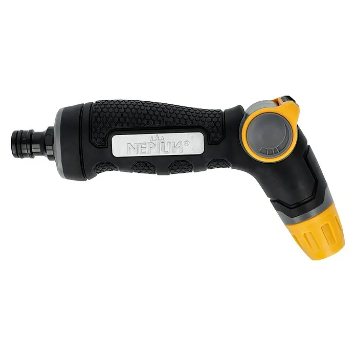 Neptun Brause - Kunststoff - Nahaufnahme einer Gartenspritze von Neptun mit verstellbarem Sprühkopf und ergonomischem Griff.