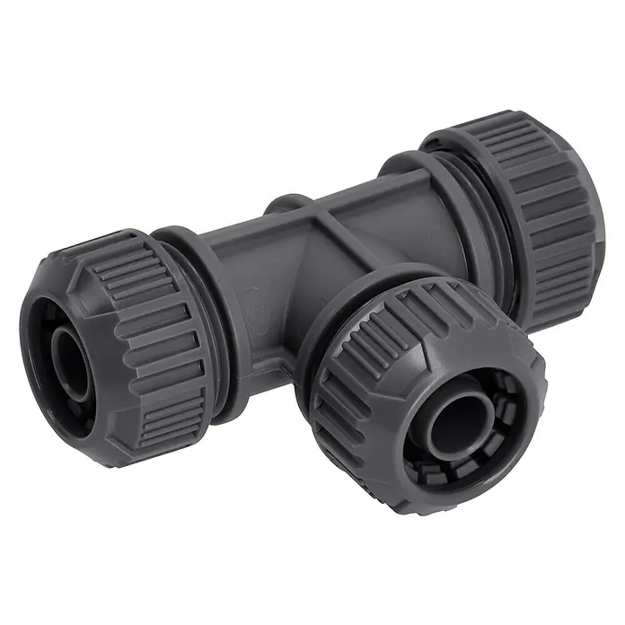 Neptun Kreisregner Set - 7 -tlg., Beregnungssektor: 5 ° - 360 ° - Graues T-Stück-Verbindungsstück für Gartenschläuche, robust und einfach zu installieren, ideal für Bewässerungssysteme im Garten.