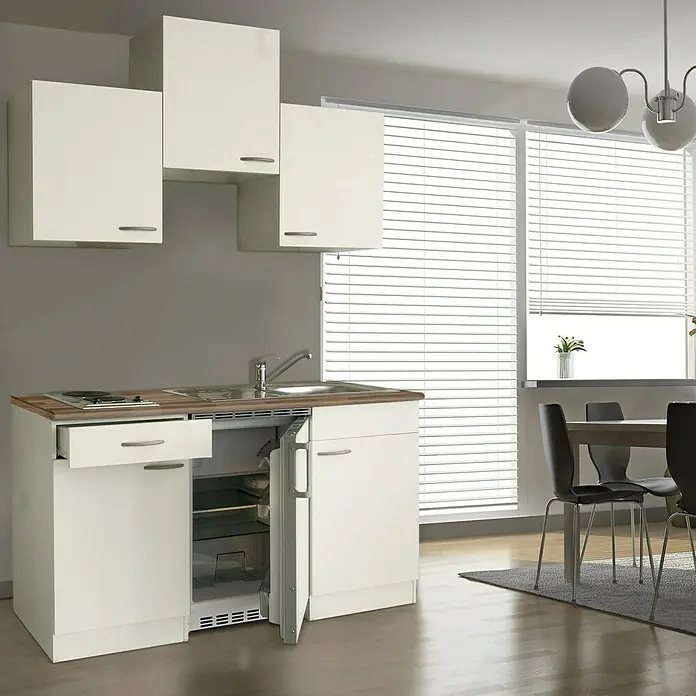 Respekta Cocina compacta Luis - Ancho: 150 cm, Blanco, Frigorífico y placa de cocción doble, Color de la encimera: Roble - Cocina americana compacta con fregadero, fogones, cajón y frigorífico integrado, ideal para espacios pequeños.