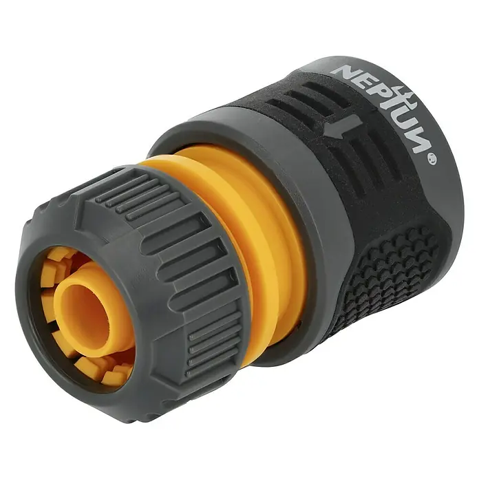 Neptun Schlauchkupplung - ½″, Ohne Wasserstopp - Nahaufnahme eines Neptun Schlauchverbinder-Adapters in Grau und Gelb, ideal für die Gartenbewässerung und Zubehör.