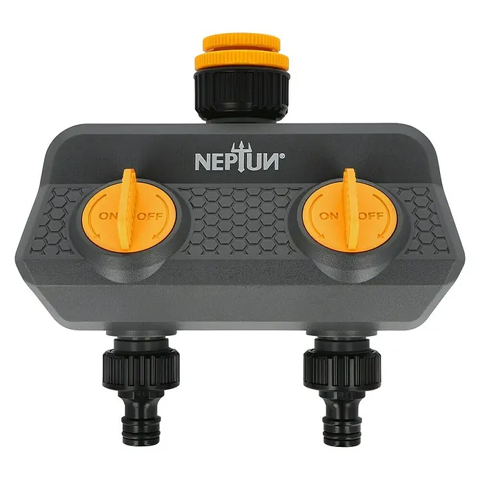 Neptun 2-Wege-Verteiler - Gewindegröße Wasserhahn: 33,3 mm (1″), 26,5 mm (¾″), 21 mm (½″) - Bild einer grauen NEPTUN Wasserverteilung mit zwei gelben ON/OFF Ventilen und einem gelben Anschluss oben.