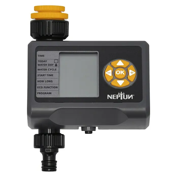 Neptun Bewässerungscomputer - Bewässerungsdauer: 1 min - 240 min - Eine Nahaufnahme einer elektronischen NEPTUN-Gartenbewässerungsuhr mit gelben Knöpfen und LCD-Bildschirm.