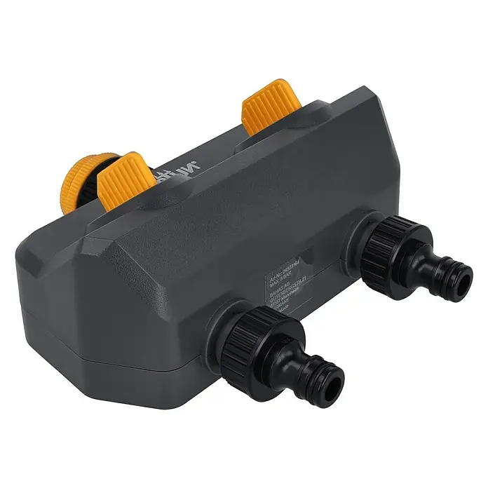Neptun 2-Wege-Verteiler - Gewindegröße Wasserhahn: 33,3 mm (1″), 26,5 mm (¾″), 21 mm (½″) - Detaillierte Ansicht eines Bewässerungsverteilers mit zwei Ausgängen und gelben Drehknöpfen, ideal für die Gartenbewässerung.